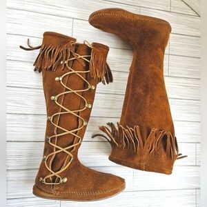 Vintage Suede Lace Up Moccasin Fringe Boots in Umber Brown Women's Size 5